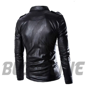 Men's Black PU <b>Leather</b> Moto <b>Jacket</b> Slim Fit Turn-down Collar Zipper Closure <b>Long</b> Sleeve Solid Color Autumn Wear - Product Image 1