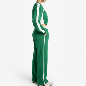Hot Selling Relaxed fit Crop Top Sweatshirt & Baggy Jogger <b>Set</b> Casual Wear Breathable Fashionable COlor Block Sweatsuit - Product Image 2