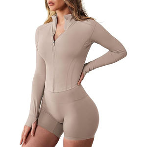 Cropped Length Full Zip Nylon Yoga <b>Jacket</b> Women Breathable Four-Way Stretch Slim Fit High Neck Long Sleeve Skinny Fit <b>Workout</b> - Product Image 1