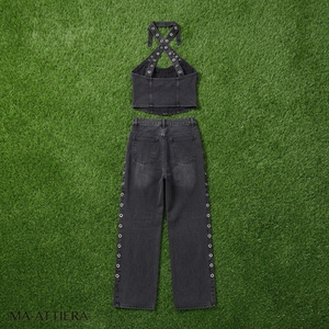 Women Black Denim Halter <b>Crop</b> <b>Top</b> And Cargo Pants Set Eyelet Strap Detail Two Piece Streetwear Outfit - Product Image 5