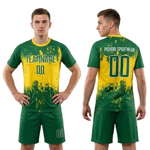Custom Green Yellow Polyester Sublimation Soccer Uniform with Contrast Chest Graphics and Green <b>Shorts</b> - Product Image 1