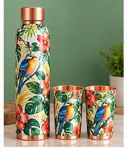 Ensemble de bouteilles d'eau en cuivre motif oiseau bleu moderne et fleur de cerisier avec deux tasses – Kit de vaisselle portable et écologique - Product Image 5