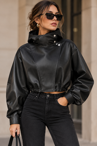 <b>Women</b>’s <b>Black</b> Faux Leather <b>Cropped</b> Hooded Jacket Long Sleeve Casual Zip Front <b>Top</b> - Product Image 2