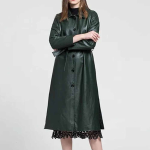 Gabardina Midi Verde de Cuero Genuino, Transpirable y Resistente al Viento, con Cinturón y Ribete de Encaje, Estilo Minimalista, Ropa Exterior Unisex de Invierno - Product Image 1
