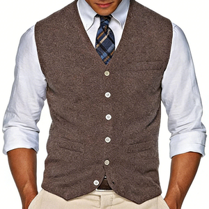 <b>Men's</b> V-Neck Wool Vest <b>Sleeveless</b> Solid Color Button Closure Autumn Standard Thickness Knit Sweater - Product Image 6
