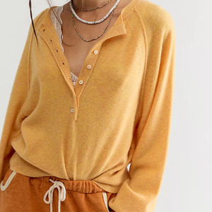 Custom Made Knitted Henley Women Yellow Knitted <b>Cardigan</b> Button Front Casual Long Sleeve Solid Color Acrylic Sweater Autumn Wear - Product Image 1