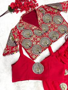 Red Embroidered Indian Pakistani Set <b>Long</b> Pleated <b>Skirt</b> Blouse Traditional Dress for Wedding Festival Wear - Product Image 6