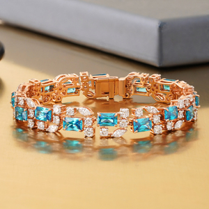 Bracelet tennis en or rose 14 carats avec 4,49 carats de diamants CZ bleus ronds et marquise cultivés en laboratoire – Accessoire de mode - Product Image 1