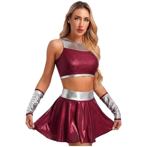 Conjunto de Disfraz de Animadora de Dos Piezas Color Borgoña y Plateado con Mangas a Juego y Logotipo Frontal, 100% Poliéster con Impresión por Transferencia Térmica - Product Image 1