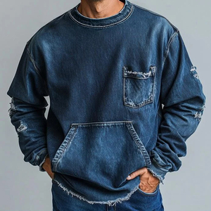 <b>Men's</b> Vintage Denim Hoodie Solid Color 100% Cotton Casual Sweatshirt with Pockets Regular Fit Autumn Wear - Product Image 2