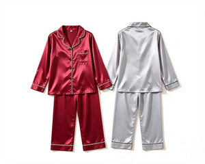 Conjunto de Pijama Casual de Poliéster Transpirable para Mujer, Color Azul Satinado, Manga Corta, Cuello Alto, Cierre de Botones, Color Sólido, Ropa de Dormir para Otoño 2 - Product Image 2