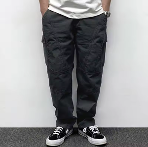 Pantalon cargo multi-poches pour homme, style rétro, couleur unie, coupe ample, avec boutons et sangle élastique, décontracté, pour l'automne - Product Image 2