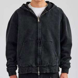 Veste à capuche en jean vintage noir avec poche avant, sweat à capuche oversize pour homme, veste décontractée zippée pour homme - Product Image 3