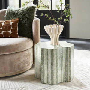 Table d'appoint vert clair à rayures verticales, motif trèfle, en nacre, mosaïque artisanale, pour décoration de salon et chambre - Product Image 4