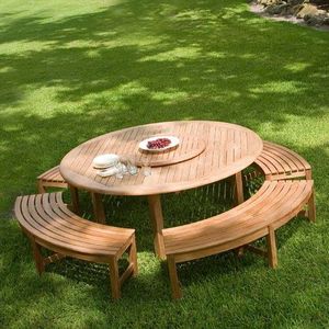 Ensemble de table à manger de jardin ronde en teck massif avec 4 bancs sans dossier incurvés et plateau tournant - Product Image 1