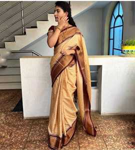 Borde de tejido dorado de seda de algodón pesado de último diseñador con blusa de contraste Saree - Product Image 3