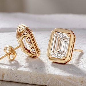 Pendientes de Diamantes CVD Cultivados en Laboratorio D VS con Corte Esmeralda, Oro Rosa Vintage, Halo Oculto y Milgrain, para Mujer, con Cierre a Presión y Engaste de Bisel - Product Image 1