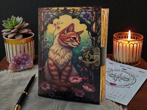 <b>Herb</b> Heritage Handmade Gothic Magic Cat Leather Grimoire Journal | Vintage Sewing Bound <b>Witchcraft</b> Pagan Diary Wiccan Blank - Product Image 1