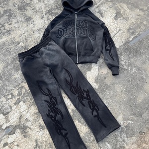 Unisex Fleece <b>Tracksuit</b> Set Hooded Zipper Full Length Embossed Logo Streetwear Winter Wear Solid Color Sweatpants Hoodie Outfit - Product Image 4
