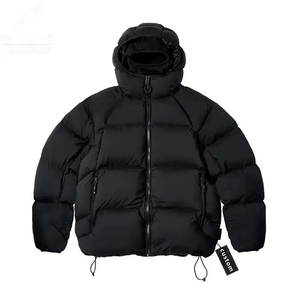 Chaqueta de plumón con capucha para hombre, azul con bloques de color, casual, gruesa, de invierno, con cierre de cremallera y dobladillo con cordón. - Product Image 2