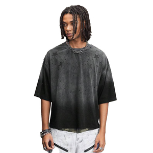 Black Acid Wash Custom Star Print Oversized <b>Men's</b> T-Shirts Rhinestone <b>Studs</b> Custom Streetwear Top Fashion Loose Fit T Shirts - Product Image 1