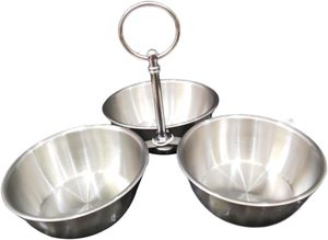 Stainless steel <b>3</b> bowl snack stand, metal serving stand with bowls, <b>3</b> tier snack serving set, steel bowl stand with handle, - Product Image 2