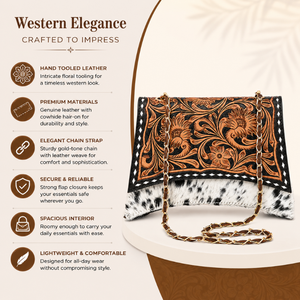 Sac bandoulière artisanal en cuir de vachette à poils, style western, motif floral, avec chaîne, pochette vintage pour usage quotidien - Product Image 5