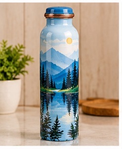 Ethnic Printed White Floral Navy Blue <b>Copper</b> <b>Water</b> <b>Bottle</b> with <b>Copper</b> Lid Eco Friendly Travel Drinkware - Product Image 5