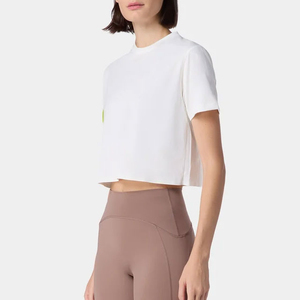 <b>Womens</b> <b>White</b> Crop Top Crew Neck <b>Short</b> <b>Sleeve</b> Knitted Solid Color Fluorescent Detail Sporty Fit for Spring Summer Casual Wear - Product Image 2