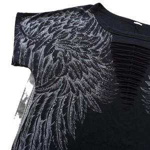 Women's Black Short Sleeve T-Shirt With <b>Feather</b> Print Ruched Front Loose Fit Casual O-Neck <b>Top</b> 100% Polyester Knitted Breathable - Product Image 2