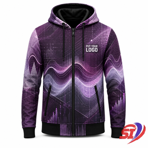 Sweat à capuche graphique personnalisé, motif vague prune-lilas, fermeture éclair intégrale, logo marque privée, vente en gros, OEM, vêtements streetwear - Product Image 1