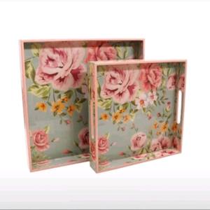 Bandejas rectangulares decorativas para servir con diseño geométrico floral impreso y marco metálico, juego de 3 piezas - Product Image 4