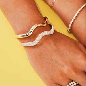 Diamond Wavy Bangle 6.25" Double Security Lock Classic Luxury Modern Cuff <b>Bracelets</b> Round Cut Lab Grown 14K <b>Solid</b> Gold Wholesale - Product Image 3