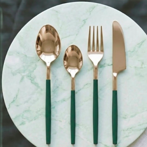 Ensemble de couverts de luxe de couleur or champagne avec poignée verte, ensemble de 4 couverts de qualité supérieure, en acier inoxydable durable, passe au lave-vaisselle - Product Image 4