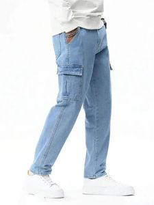 Jeans de mezclilla cargo para hombre, de cintura media, corte ajustado, con parches, lavado ácido, con bolsillos delanteros y traseros, estilo urbano para exteriores - Product Image 3