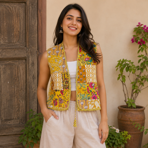 Custom Women's Patchwork Floral Quilted Cotton Sleeveless Vest Bohemian Ethnic <b>Waistcoat</b> Reversible Casual Layering Jacket OEM - Product Image 1