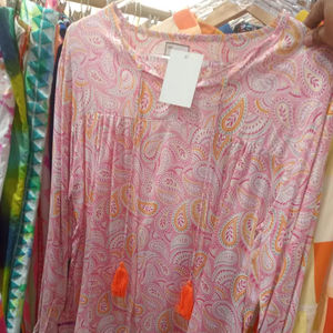 เสื้อเชิ้ตผู้หญิงสไตล์วินเทจพิมพ์ลายดาว สีพีชขาวเหลือง แต่งสีชมพูอ่อน 100% แขนยาว ติดกระดุม ผ้าฝ้าย สำหรับฤดูใบไม้ผลิ - Product Image 1