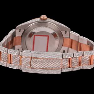 Montre de luxe bicolore en or rose et argent avec cadran brun cristal, lunette sertie de diamants Moissanite et affichage de la date - Product Image 4