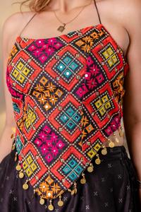 Conjunto de Top de Seda Bordado y Pantalones Palazzo con Detalles de Espejo, Borlas y Dori, Listo para Usar, Colección Especial Navratri - Product Image 4