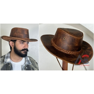 Sombreros de Vaquero de Cuero Genuino de Primera Calidad para Adultos, Sombrero con Banda Trenzada y Grabado en Relieve, Moderno y Unisex - Product Image 1