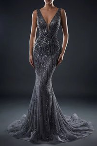 Luxury Sequin Mermaid Evening Gown Deep V-Neck Sleeveless Floor Length Prom Dress High-End Formal Party Wear Manufacturer - Product Image 4
