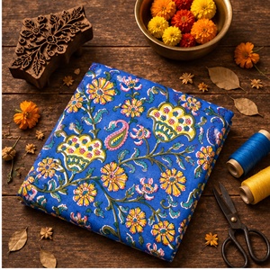 Blue Floral Hand Block Printed Cotton <b>Fabric</b> <b>Indian</b> Ethnic Textile Paisley <b>Fabric</b> Dress Material Wholesale Craft <b>Fabric</b> - Product Image 1