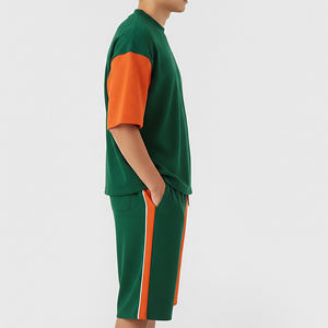 Ensemble 2 pièces d'été respirant grande taille avec t-shirt et short à épaules tombantes, imprimé logo personnalisé de haute qualité et blocs de couleur - Product Image 5