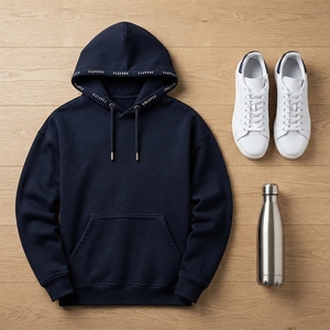 Sweat-shirt à capuche texturé bleu marine personnalisé pour homme, pull-over imprimé avec logo sur la bordure de la capuche, style streetwear - Product Image 5