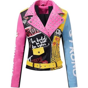 Womens Studded Leather <b>Jacket</b> Black Biker <b>Punk</b> Motorcycle <b>Jacket</b> Genuine PU Leather OEM Custom Wholesale Factory - Product Image 5