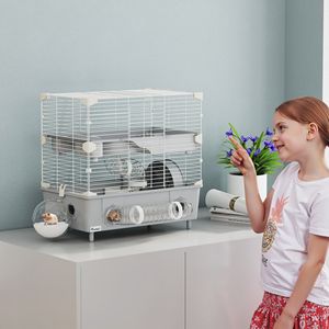 Gabbia a 2 livelli per criceti nani con bagno in sabbia, ruota per esercizio e tubi per borraccia, ideale per allevamento all'aperto di criceti grigi - Product Image 2