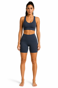 Dark Gray 2 Piece Yoga Set Scoop Neck Racerback <b>Crop</b> <b>Top</b> High Waist Biker <b>Shorts</b> Seamless Activewear for Women - Product Image 4