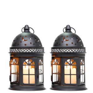 Decorative Antique Black Iron <b>Lantern</b> <b>Set</b> with Moon and Star Cutouts Flameless Candle Holder for Home Decoration - Product Image 5