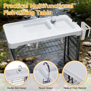Tavolo Portatile per Pulizia Pesci da 42,5 Pollici con Doppio Lavello, Tavolo Pieghevole da Campeggio con Rubinetto, Spruzzatore e Griglia, Design a Doppio Lavello - Product Image 6