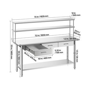 Mesa de Trabajo de Acero Inoxidable para Cocina Comercial con Estantes Superiores y 3 Cajones, 24x72 Pulgadas, Estación de Preparación de Alimentos Ajustable - Product Image 3